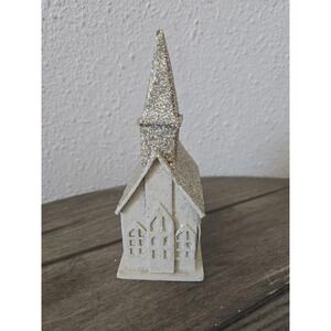 Vintage Mid Century Cardboard Christmas Putz Church Glitter Village House 1950s